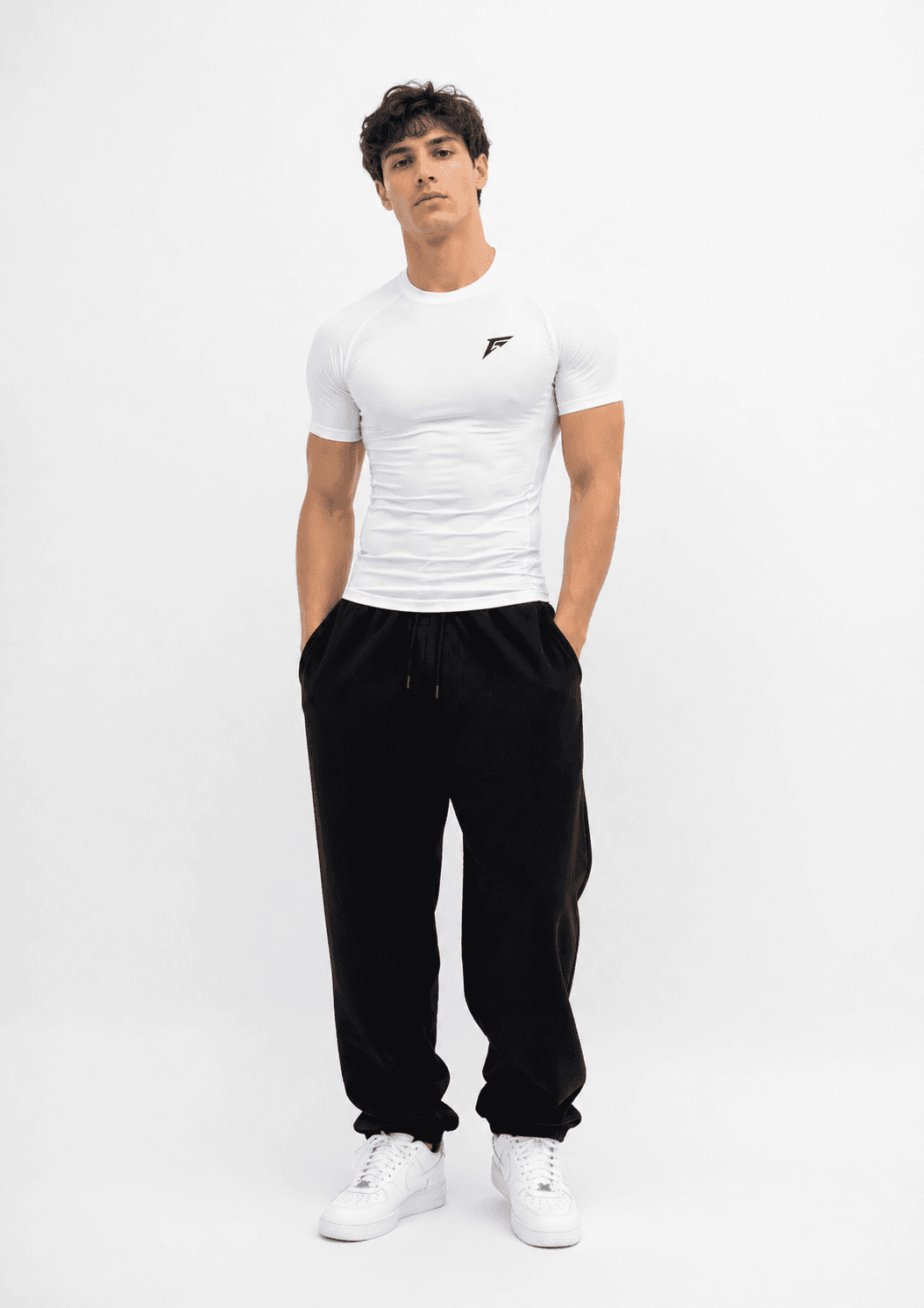 FocusGym white compression top back photoshoot